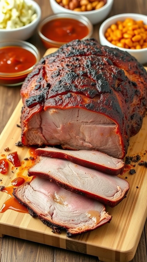 Sliced smoked brisket on a cutting board with barbecue sauce and side dishes.